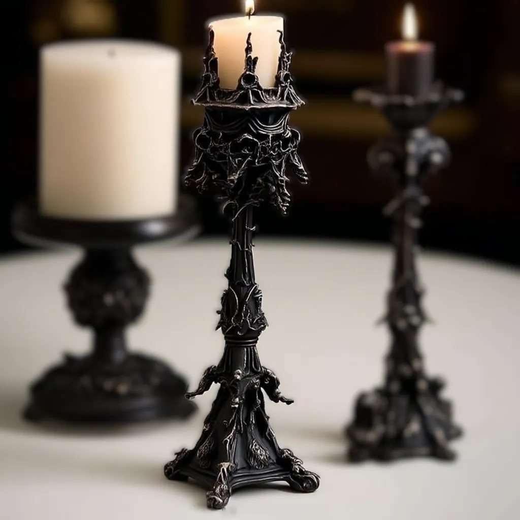 A Sankktum candlestick holding a pale candle, with a second candlestick behind it