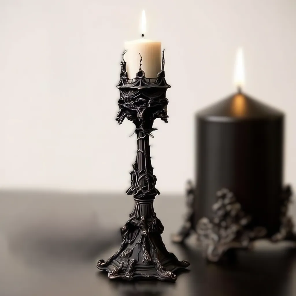 The Sankktum candlestick beside a wide black pillar candle