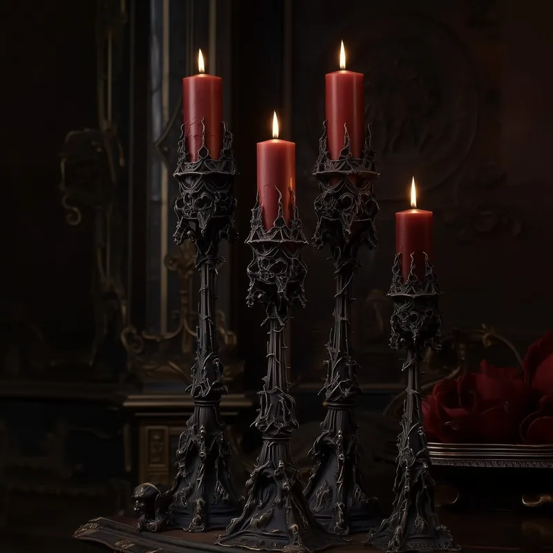 Four tall black Sankktum candlesticks with red candles in a dark room