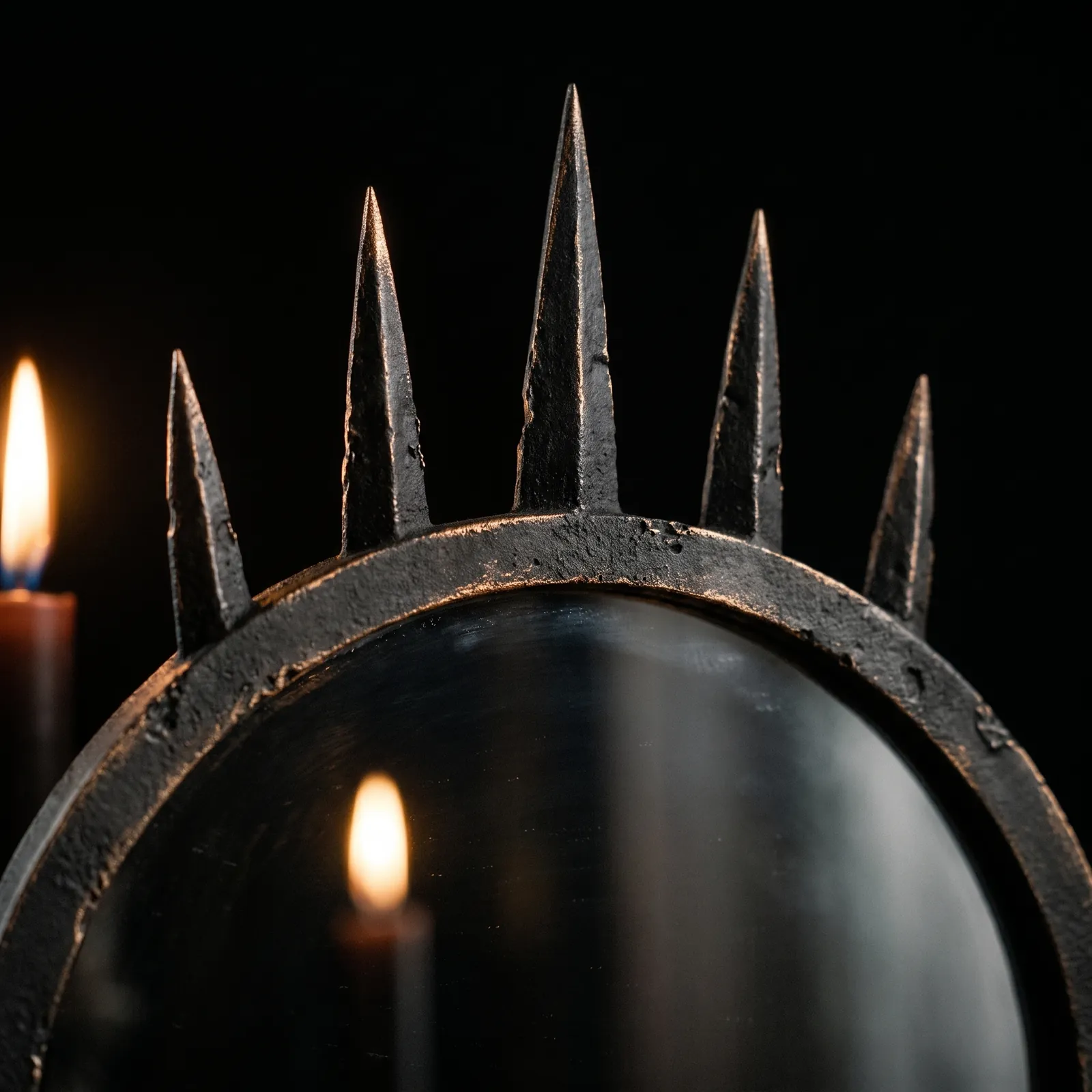 Black spikes rising from the rim of the Sankktum crown mirror, a candle reflected in the glass