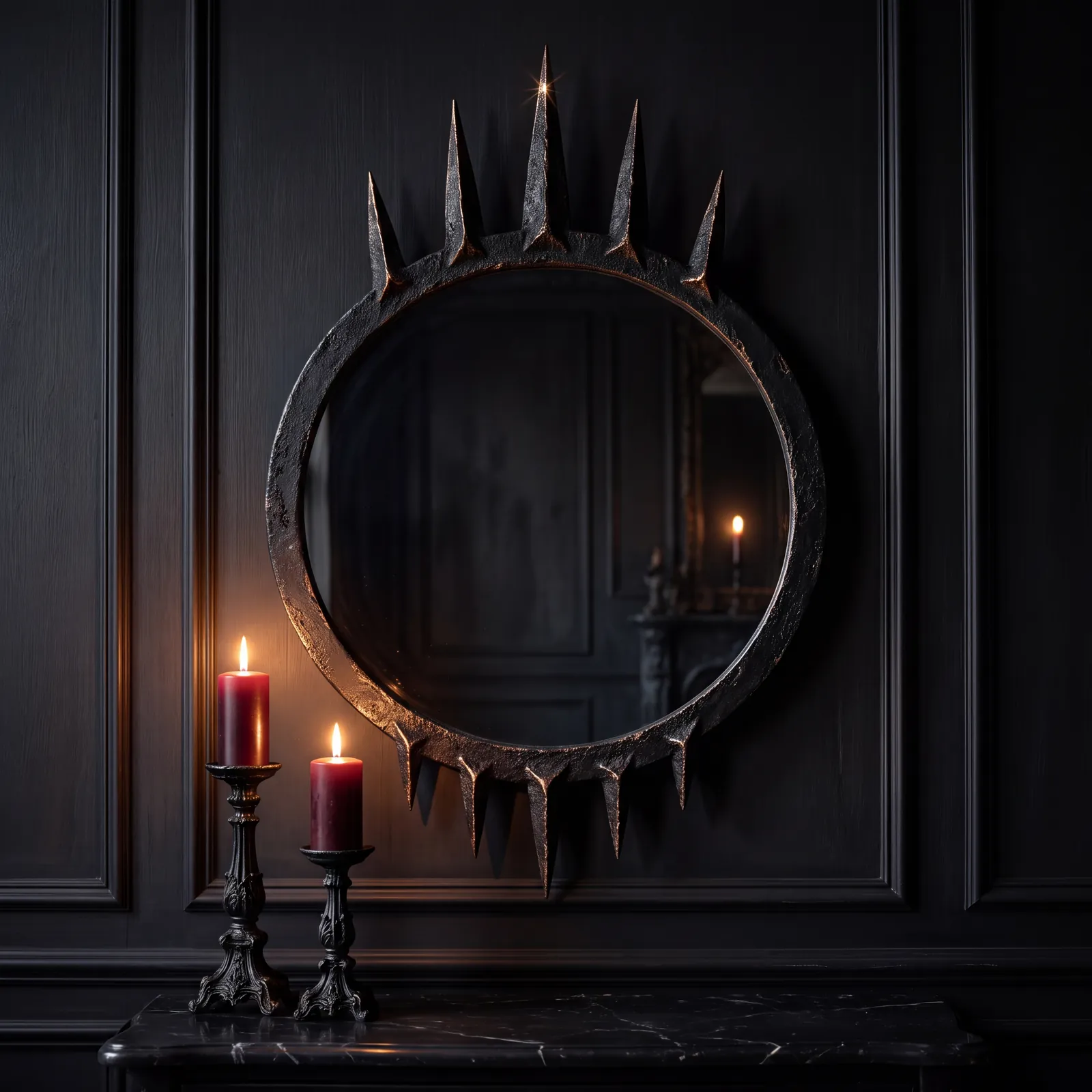 The spiked Sankktum crown mirror on a dark panelled wall above two candlesticks