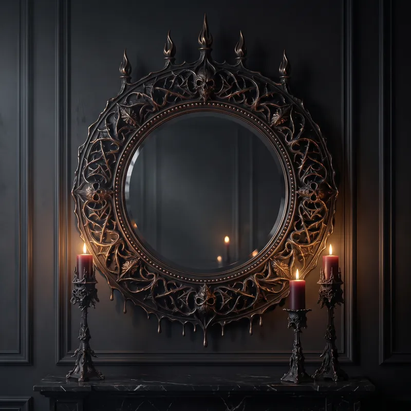 A round black mirror ringed with knotwork and spires above a mantel
