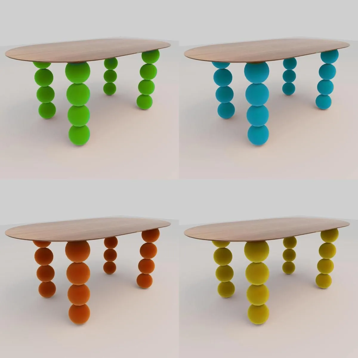 The velvet Orbital dinette table in green, blue, orange and yellow