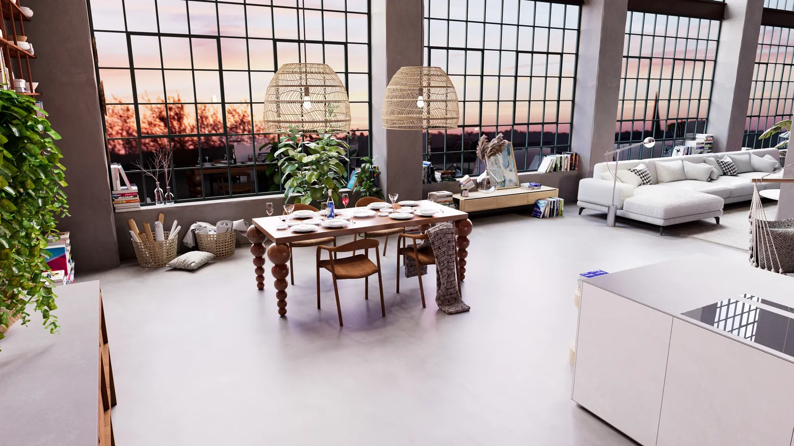 The Orbital dining table in a tall loft room with city windows