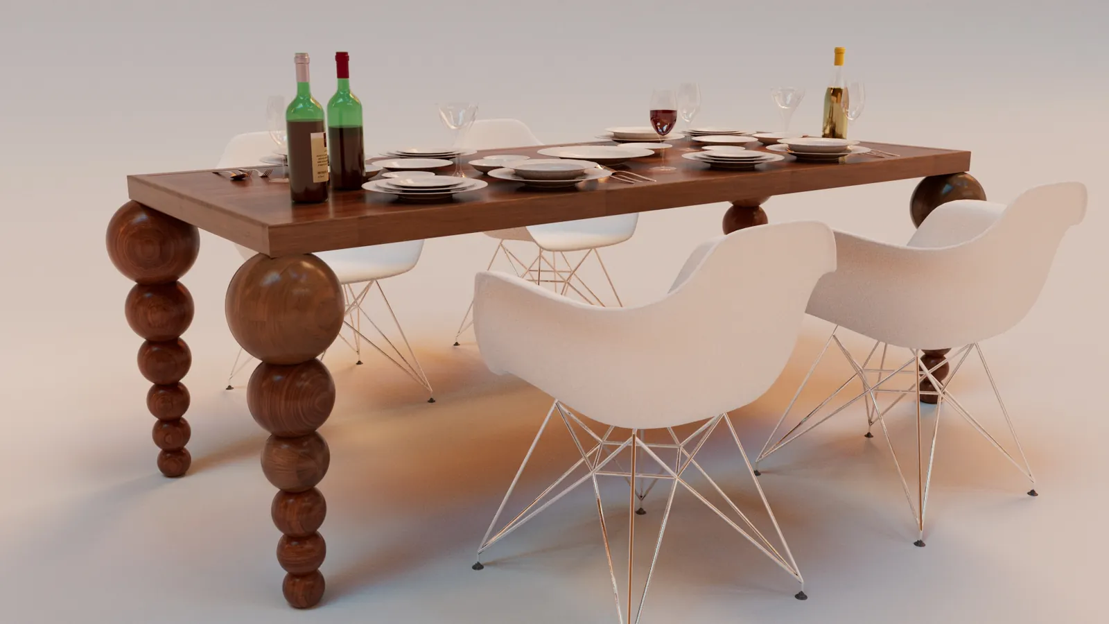 The Orbital dining table, legs of stacked wooden spheres, laid for dinner
