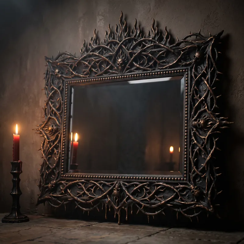 A black frame of woven thorns leaning against a dark wall